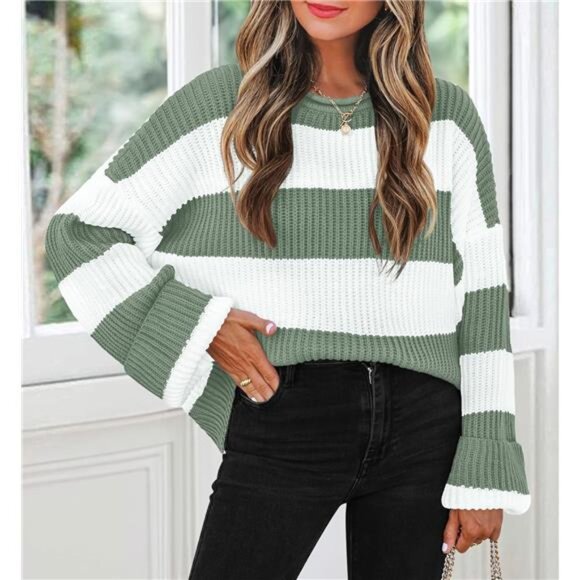 Striped Color Block Sweater – Oversized Fit, Flared Sleeves, Cozy Knit - Picture 4 of 4